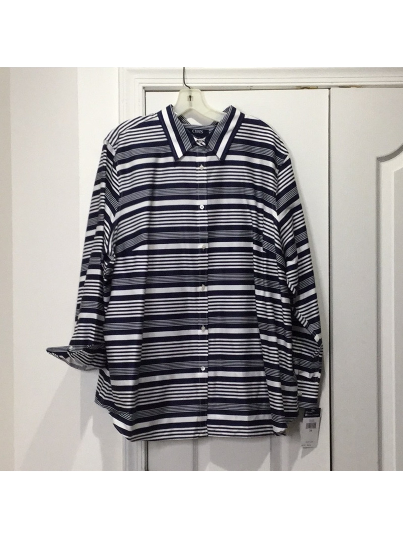 Chaps 3x NavyWhite No Wrinkle Cotton Blouse Nwt